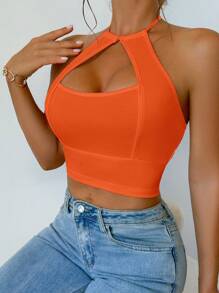 VaVaBold Women Solid Color Cutout Cropped Slim Fit Halter Top - Orange - View 4