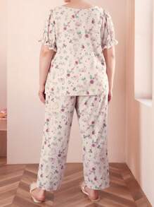 大码浪漫碎花方领泡泡袖睡衣套装（配长裤）