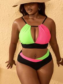 SHEIN Swim Curve Plus Size Women 2pcs Color Block Casual Stylish Swimwear Bikini Set For Holiday, Resort, Beach, Summer Vacation - Multicolor - View 5