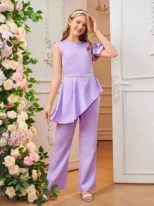 Teenagers Solid Color Design Elegant Flared Jumpsuit - Mauve Purple - View 4