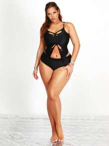 SHEIN Swim SXY Conjunto de tankini de talla grande con top tipo camiseta con abertura y braguitas, para el verano y la playa