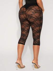 SHEIN SXY 纯黑色性感透明网眼蕾丝 3/4 长度紧身裤，百搭下装，适合日常外出、派对、夜店、夜间约会