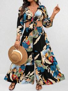 SHEIN Clasi 2pcs Plus Size Women Boho Casual Cropped Plant Print Top And Wide Leg Pants Co-Ord Set, For Summer - Multicolor - View 6