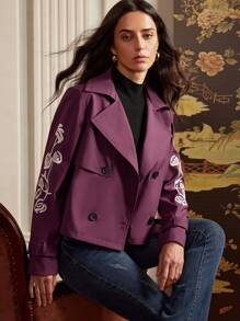 Anewsta Abrigo estilo gabardina de mujer con pantalones cortos bordados, diseño "Old Money" para primavera/otoño - Rojo violeta - Ver 6