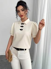 SHEIN Unity Retro Chinese Style Button Decor Short Sleeve Shirt - Apricot - View 5