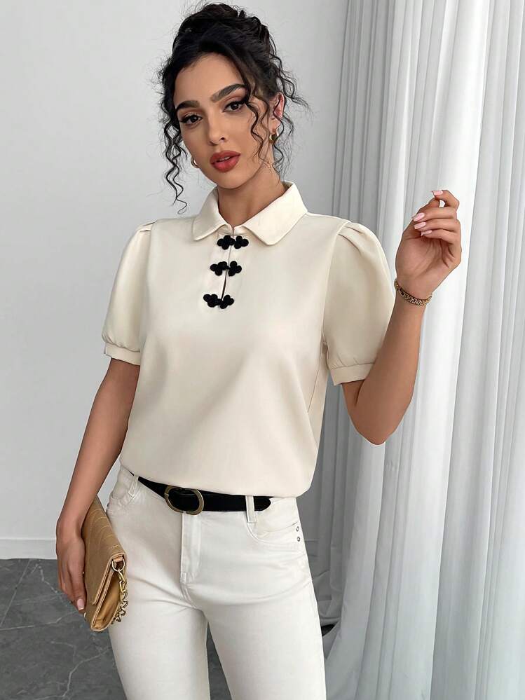 SHEIN Unity Retro Chinese Style Button Decor Short Sleeve Shirt - Apricot - View 5