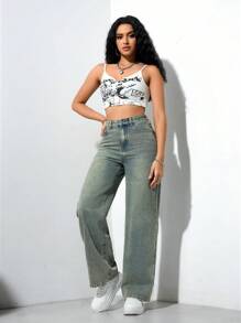 女士口袋阔腿宽松休闲百搭牛仔裤