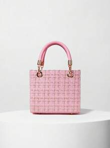 Mini Plaid Pattern Fashionable Shoulder Bag With Pendant Winter Gifts - Pink - View 3