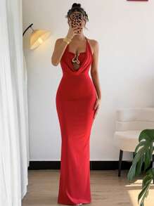 Rafferiza 女士优雅露肩金属花性感镂空紧身深垂领连衣裙，红色，约会，情人节，派对 - 紅色 - 查看 5