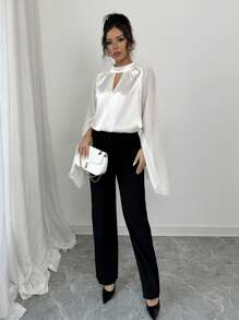 Elenzga Camisa de cuello redondo casual con diseño de patchwork, moda minimalista para uso diario - Albaricoque - Ver 6