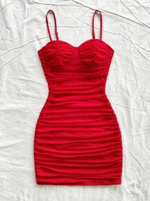 Soleia Mesh Ruched Strappy Mini Dress,Red,Summer,70's,Club Night,Party Disco,Bohemian,Music Festivals,Vacation,Holiday,Afternoon Tea,Date,Red Color Dress - Red - View 4