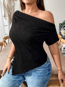 SHEIN Essnce 大码女式春夏时尚休闲舒适日常黑色纹理面料露肩修身短袖 T 恤，适合夏季女士、狂欢、曲线上衣、工作上衣、演唱会女式上衣 - 黑色 - 查看 1