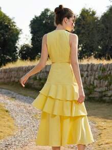 Aveloria Rosie Vestido maxi de verano con volantes en multicapa y aro hueco, de color amarillo romántico