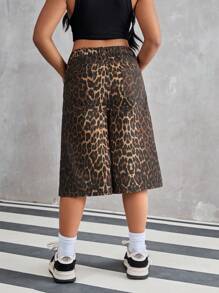 SHEIN Pantalones anchos de pierna ancha recortados con estampado de leopardo suelto y estilo retro para niña preadolescente en verano