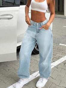 女士复古宽松男友风直筒牛仔裤