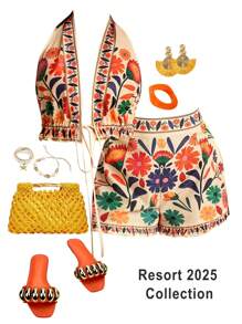 Zivah 2025Women's Spring/Summer All-Match Versatile Casual Outfit, Suitable For Music Festivals, Easter, Western Style, Boho, Nashville, Birthday Party, Graduation, Student Wear, Daily Outings, Vacation, Cruise Travel, Beach, Sunbathing. Features Prints, Open Back, Ties, Frill Trim - Multicolor - View 2