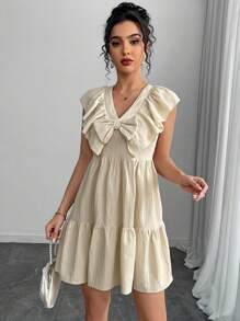 Chiquease Women's V-Neck Ruffle Hem Bow Mini Dress, Summer - Apricot - View 4