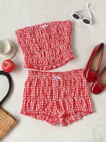 Comfortcana Ensemble pour femme top brassière à carreaux rouges et shorts