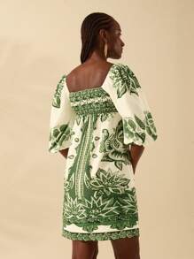 CAJUNI Women's Boho Tropical Green Plant Print, Lantern Sleeve Short Mini Dress, Casual Beach Summer Dress