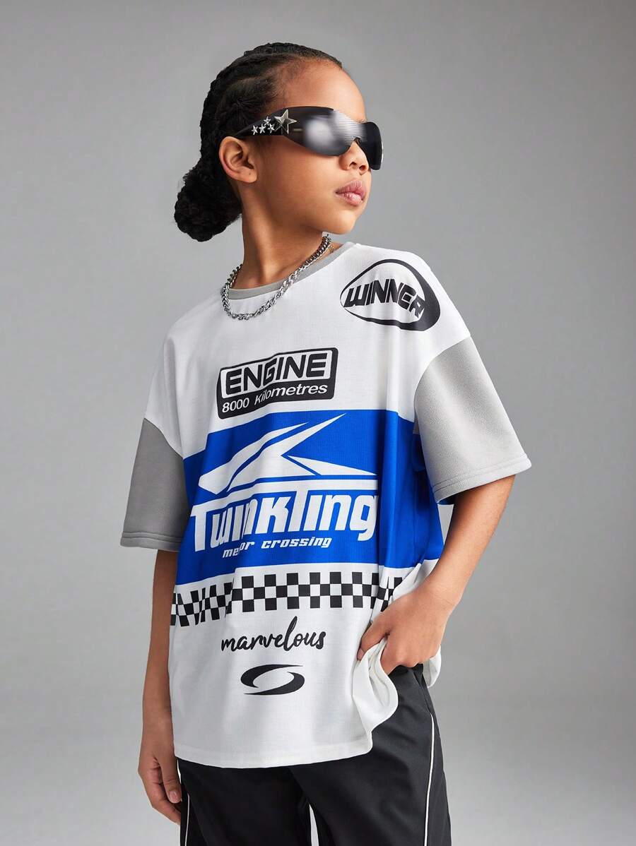 SHEIN Girls White Autumn Streetwear City Break Back To School Campus Sports Football Oversized T-Shirt,Knitted Printed Round Neck Short Sleeve Casual Tops - Blue - View 1