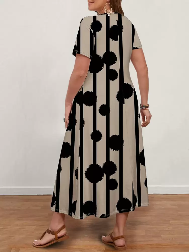 Plus Size Women's Casual Polka Dot V Neck Short Sleeve Dress, Suitable For Summer Suitable For Going Out Chic Dress,Spring/Vacation, Spring Break