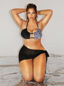 SHEIN Swim Plus Size Sexy Patchwork Leopard Print Lace-Up Bikini Top, Suitable For Beach, Summer Vacation - Multicolor - View 3