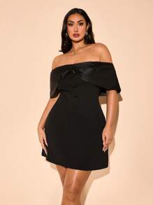 SHEIN BAE Plus Size Women's Black Button Off Shoulder Bow Satin Bardot Mini Dress, Elegant Cocktail Dress, School Dress, French Style Dress, Spring/Summer,Birthday Dresses For Women - Black - View 1