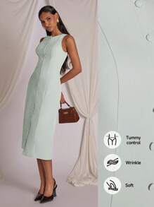 COSMINA Vestido midi sin mangas de unicolor para mujer, casual y de moda para uso diario