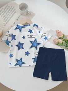 SHEIN Personalized And Cool Five-Pointed Star-Shaped English Print, Young Girl Casual And Simple Short-Sleeved Shorts Two Pieces Suit Is Suitable For Summer - Multicolor - View 3