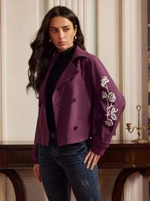 Anewsta Abrigo estilo gabardina de mujer con pantalones cortos bordados, diseño "Old Money" para primavera/otoño - Rojo violeta - Ver 5