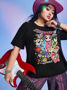 THE POWERPUFF GIRLS X SHEIN Plus Size Summer Loose Blossom, Bubbles, Buttercup Pattern T-Shirt