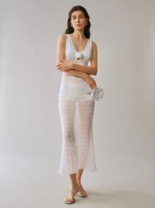 SHEIN LUNE Knitted Hollow Three-Dimensional Flower Elegant Sexy Fishtail Vest Dress - White - View 4