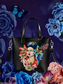 Frida Kahlo X SHEIN 1pc Women's Fashion Commuter Floral & Figure Graphic Handbag, Long Shoulder Strap Crossbody