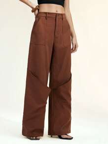 SHEIN Unity Women's Fashion Loose Casual Wide Leg Pants, Cargo Pants, Brown Color Summer For Women Fall For Women - Coffee Brown - View 5