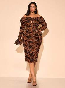 SHEIN BAE Vestido elegante de talla grande con detalles recogidos, manga larga, hombros descubiertos, volantes y tejido flockado elástico en negro, de largo medio, para otoño/invierno