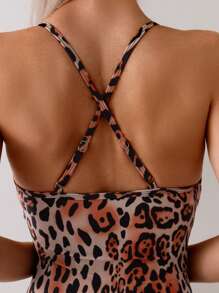 SHEIN Swim Women's Beach Vacation V-Neck Lace Random Leopard Sexy One-Piece