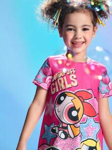 THE POWERPUFF GIRLS X SHEIN Young Girl Heart & Star Cartoon Fun Print Round Neck A-Line Knit Dress - Pink - View 5