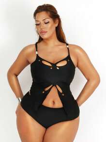 SHEIN Swim SXY Conjunto de tankini de talla grande con top tipo camiseta con abertura y braguitas, para el verano y la playa