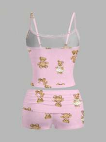SHEIN Essnce Bộ đồ vest ren họa tiết gấu dễ thương giản dị, quần short xếp ly, phù hợp cho nữ hai mảnh vào mùa hè - Hồng - Xem 2