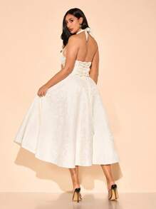 SHEIN BAE 大码女式性感优雅提花露背连衣裙，适合日常穿着、外出、约会、下午茶、度假、春夏季、毕业礼服、女士生日礼服 - 杏色 - 查看 7