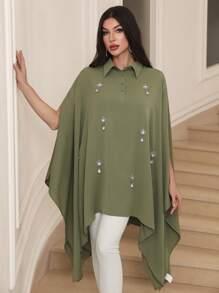 Al Najma Handgefertigtes Hemd mit asymmetrischem Saum, elegant und stimmungsvoll, Damen Arabische Bekleidung Oberteil, einfarbig, einfache Mode, Lässig, Alltag - Armeegrün - Übersicht 3