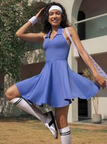 Hanevo New Contrast Color Lapel Halter Sports Dress For Women Sportwear For Daily Wear - Blue - View 4