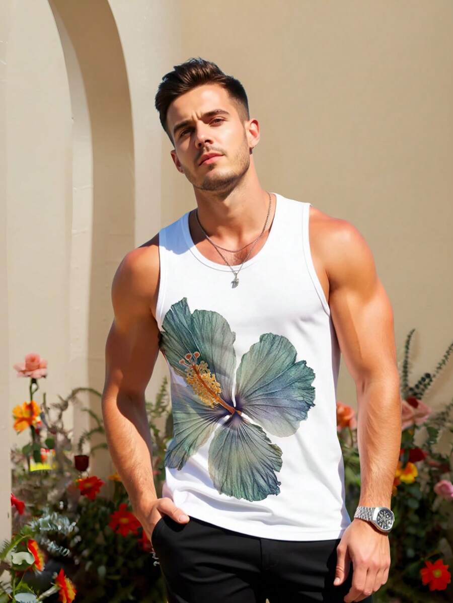 Manfinity RSRT Fashion Casual Holiday Style Watercolor Tropical Plants And Flowers Digital Print Pattern Code Men's Fitted Straight Shoulder Tank Top Suitable For Summer Outdoor Vacation Dating Party Wear Suitable For Couples Wear Suitable For Boyfriend Gift - Multicolor - View 1