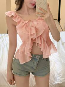 DAZY Áo cánh chiffon xếp nếp dây rút cho nữ - trắng - Xem 6