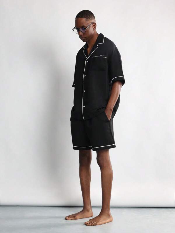 SUMWON Luxury Pajama Set Short Sleeve Button Up Piping Detail Loungewear Summer Sleepwear Resort Wear Night Set Premium Quality