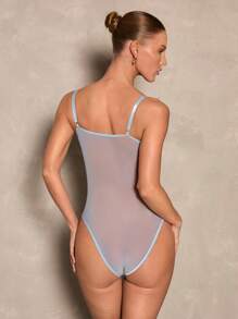 Glamine Sexy And Elegant Lace Splicing Net Fabric Three-Dimensional Stripe Wave Christmas Women's Bodysuit - Blue - View 2