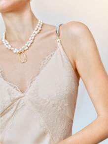 SHEIN LUNE Women's French Style Lace Faux Silk Blend Diamond Strap Sexy Fitted Deep V-Neck Maxi Fishtail Dress, Suitable For Party Spring/Summer - Champagne - View 2