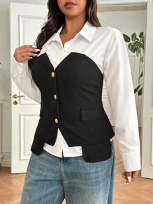 SHEIN EZwear 大码休闲西装套装，简约时尚休闲装，春夏 - 黑與白 - 查看 2