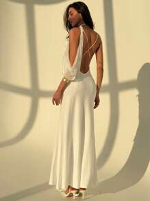 Aloruh 女士婚礼派对露背连衣裙，性感吊带 V 领花卉图案 - 白色 - 查看 1