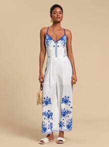 Travachic 春夏复古印花露背阔腿女连体裤 - 藍白色 - 查看 5